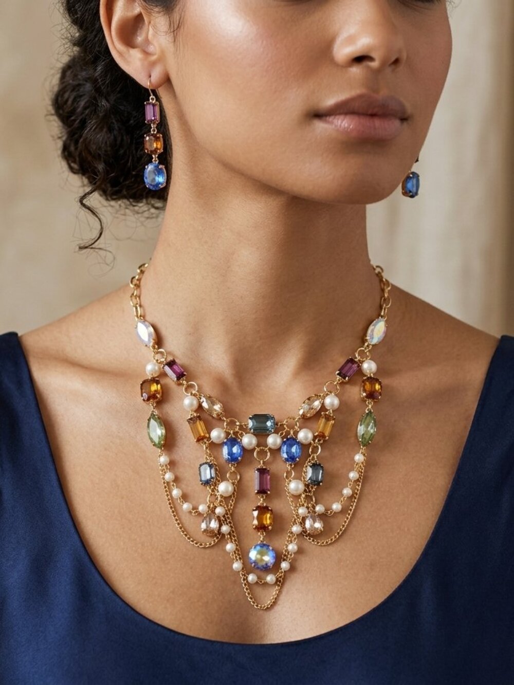 JTV multicolor crystal gold tone  necklace and earring set